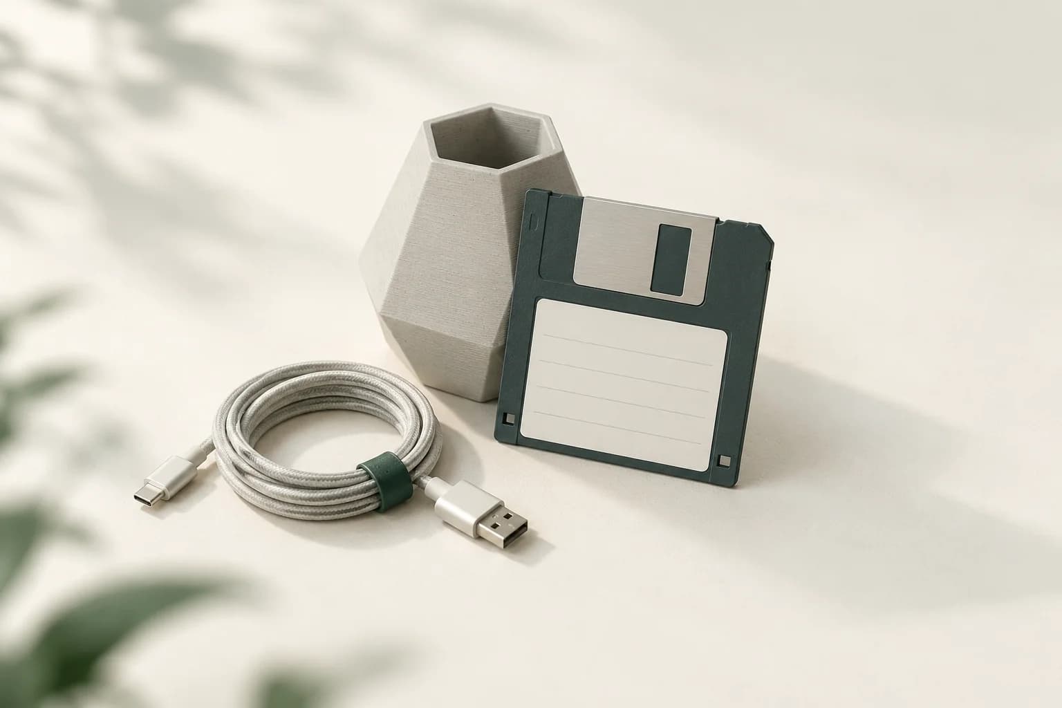 Illustration: Diskette mit leerem Etikett an einer unbemalten 3D-gedruckten Vase, daneben ein aufgerolltes USB-Kabel