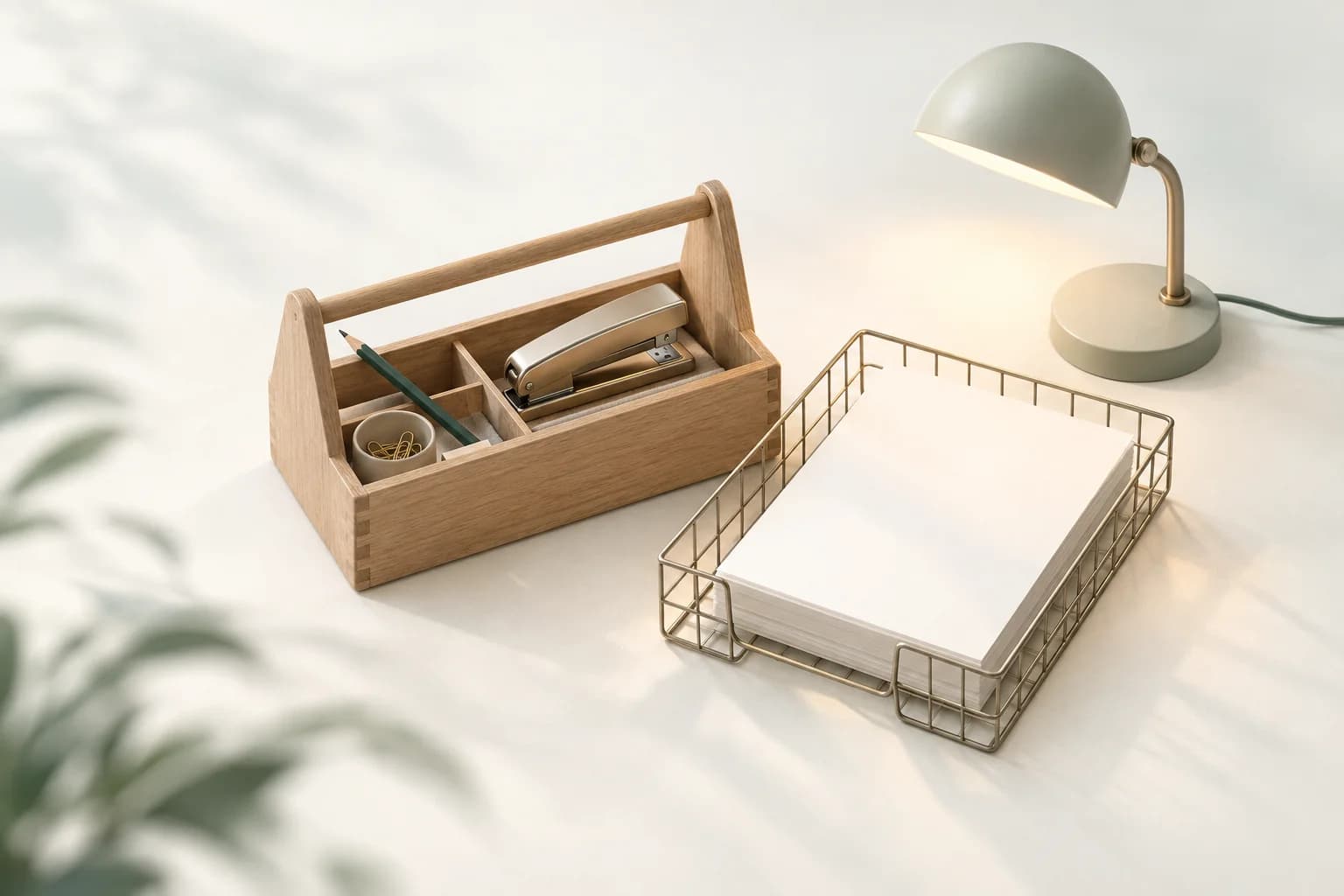 Illustration: offener Werkzeugkasten aus Holz mit Bleistift und Tacker neben einem Drahtablagekorb mit leerem Papier und einer eingeschalteten Schreibtischlampe