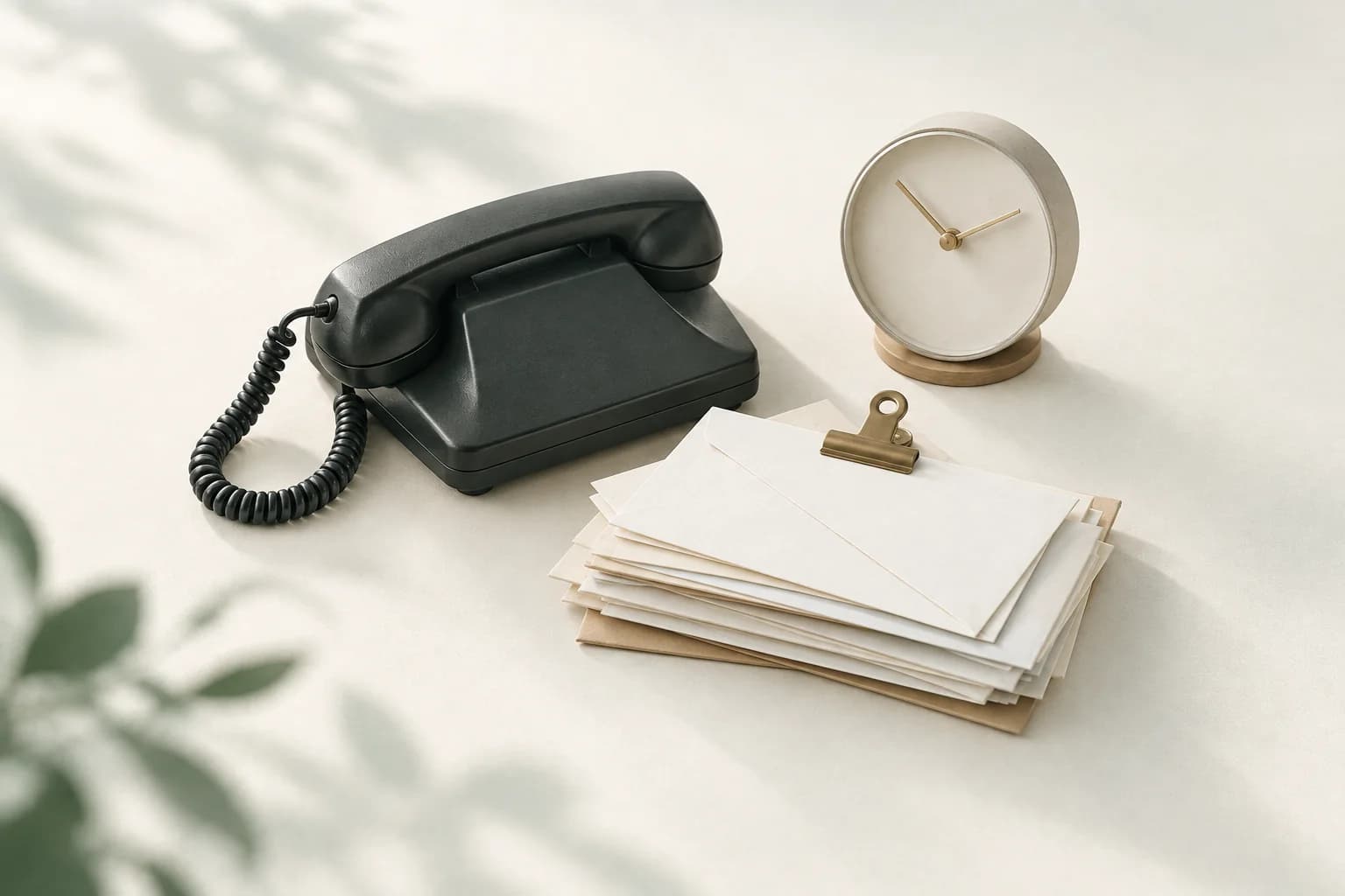 Illustration: schwarzes Tischtelefon mit Spiralkabel neben einem Stapel Briefe mit Klammer und einer runden Tischuhr ohne Ziffern