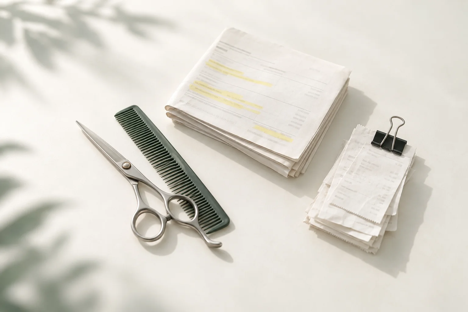 Illustration: Friseurschere und Kamm neben einer gefalteten Rechnung mit gelb markierten Zeilen und einem Stapel geklammerter Belege
