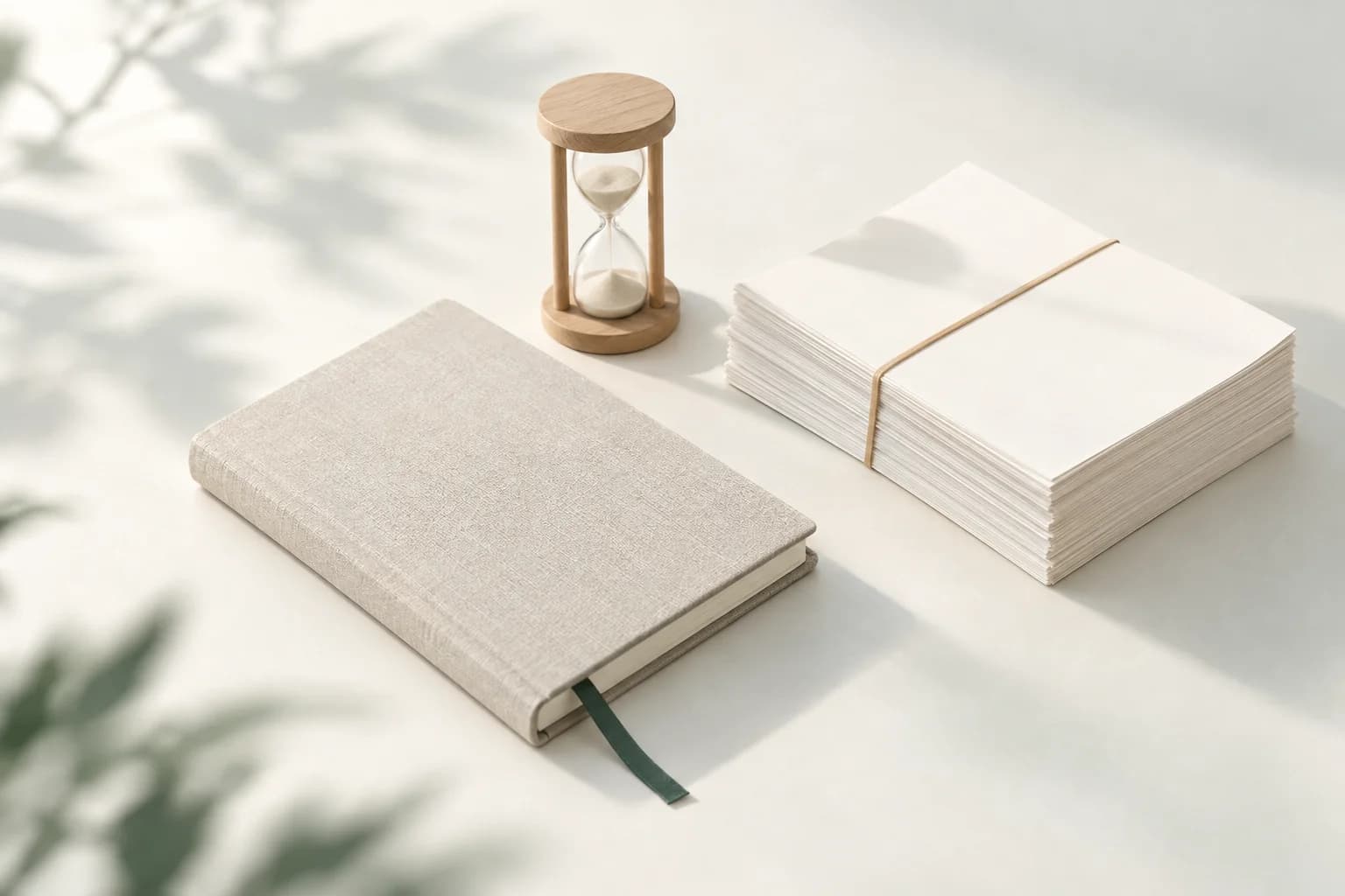 Illustration: geschlossenes Buch mit Leineneinband und grünem Lesebändchen, daneben eine Sanduhr aus hellem Holz und ein Stapel Papier mit Gummiband