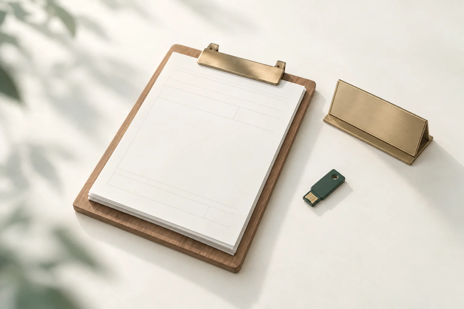 Illustration: Klemmbrett mit leeren Formularen, ein kleiner USB-Sicherheitsschlüssel und ein Tischnamensschild mit leerem Messingschild