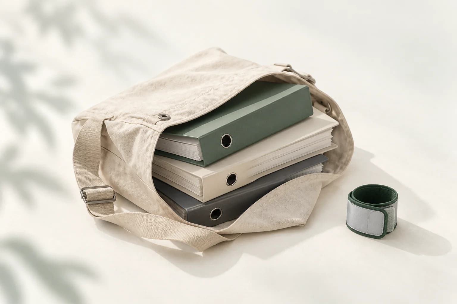 Illustration: offene Kuriertasche mit drei dicken, verschiedenfarbigen Ordnern, daneben ein aufgerolltes Reflektorband