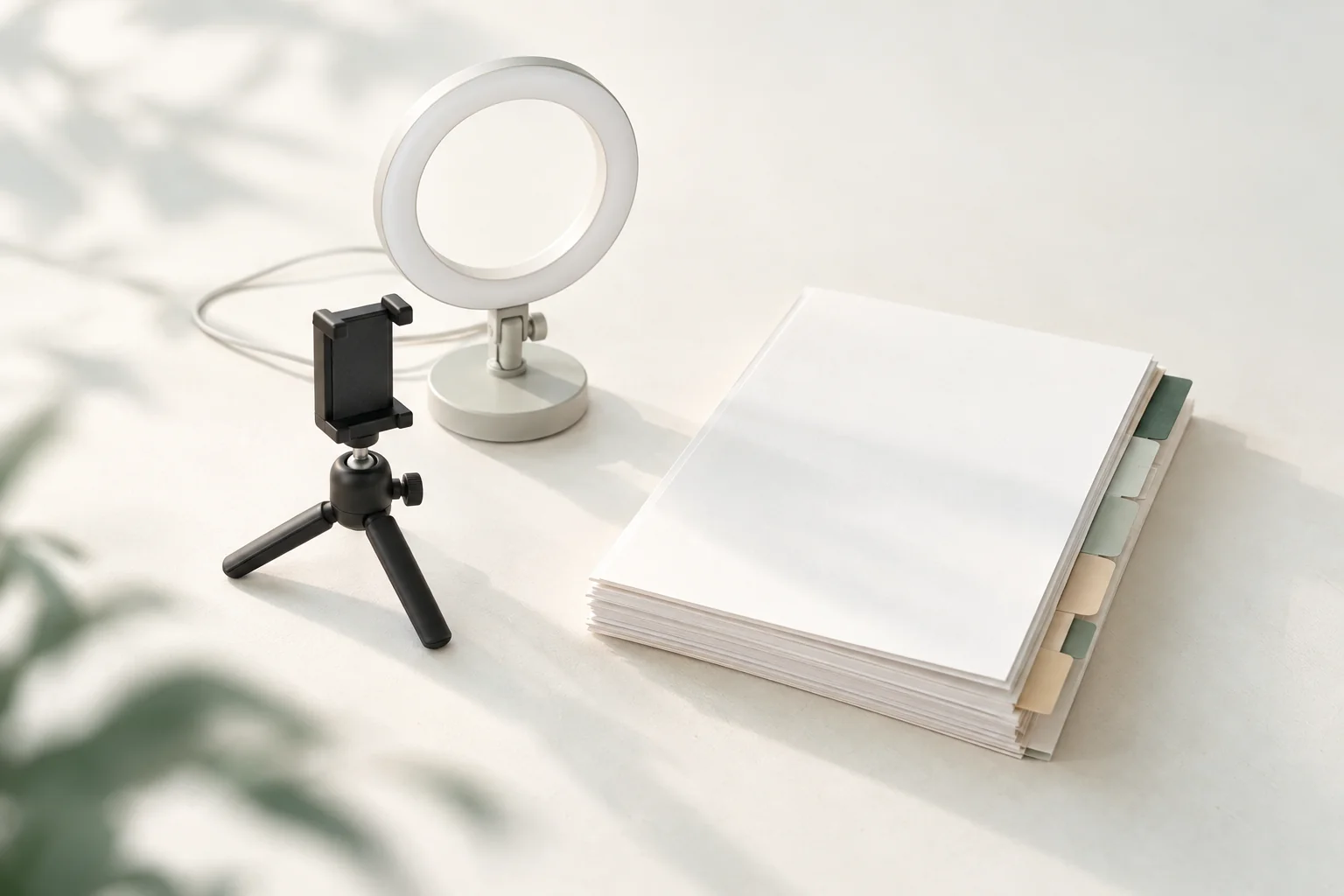 Illustration: kleines Ringlicht und ein Ministativ mit leerer Handyhalterung neben einem Papierstapel mit bunten Registertrennblättern