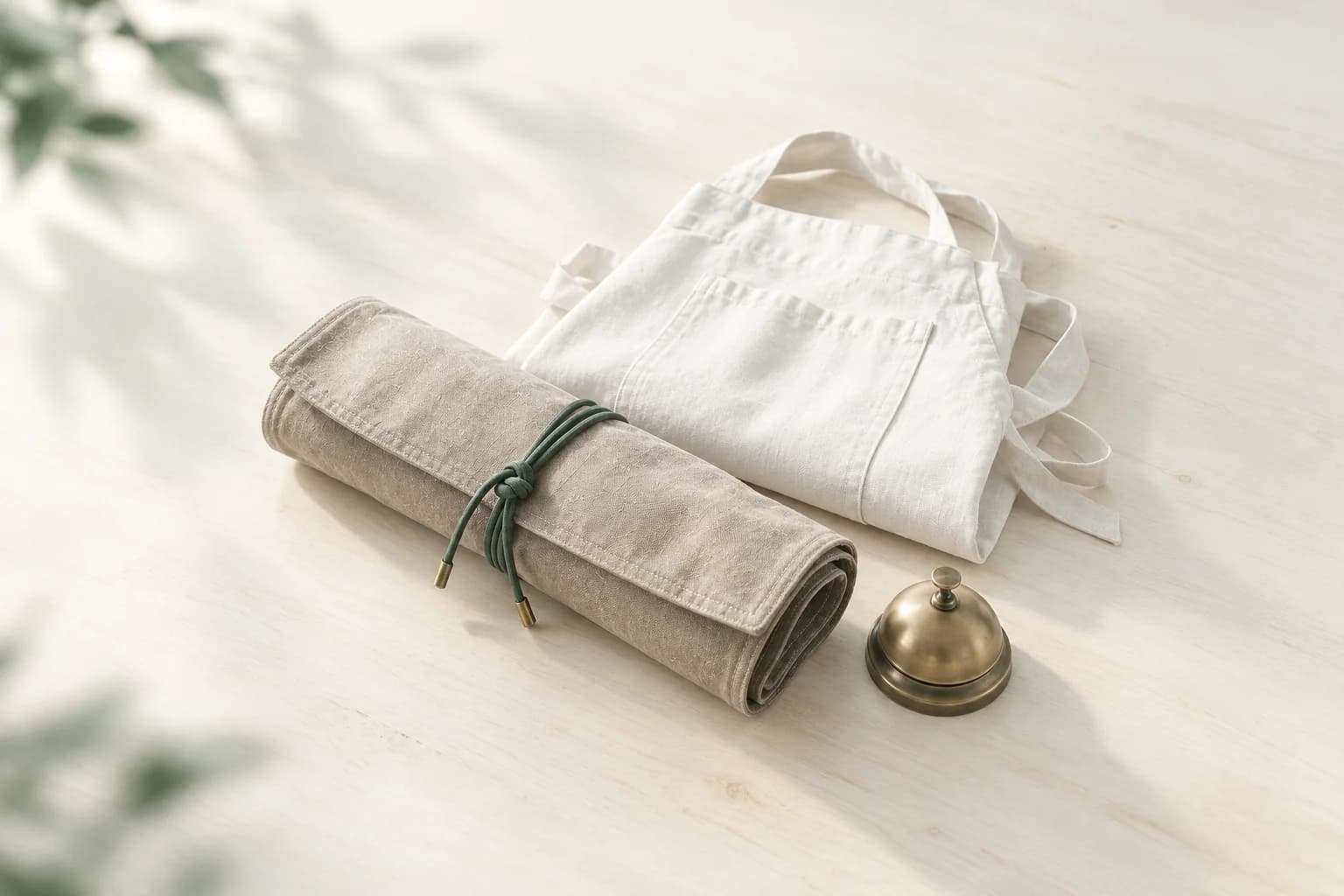 Illustration: zugebundene Messertasche, eine gefaltete weiße Kochschürze und eine kleine Tischglocke aus Messing auf einem leeren Holztisch