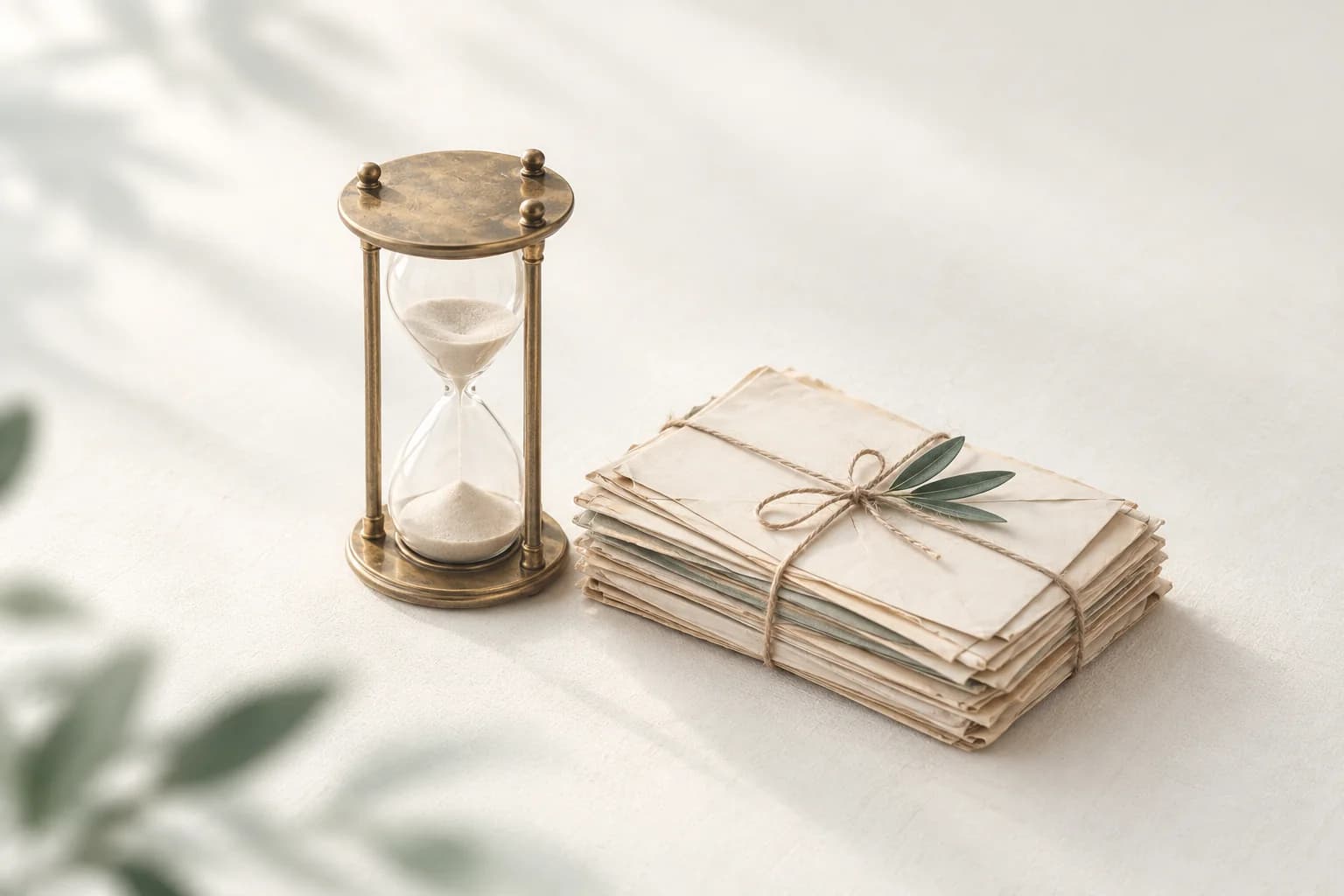 Illustration: halb durchgelaufene Sanduhr mit Messinggestell neben einem mit Kordel gebundenen Bündel alter Briefe, darauf ein kleiner grüner Zweig