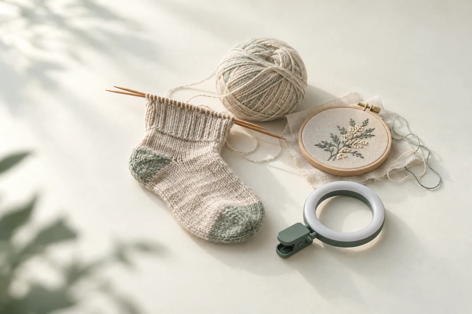 Illustration: fast fertig gestrickte Socke auf Holznadeln, ein Wollknäuel, ein Stickrahmen mit Pflanzenmotiv und eine ausgeschaltete Ringleuchte