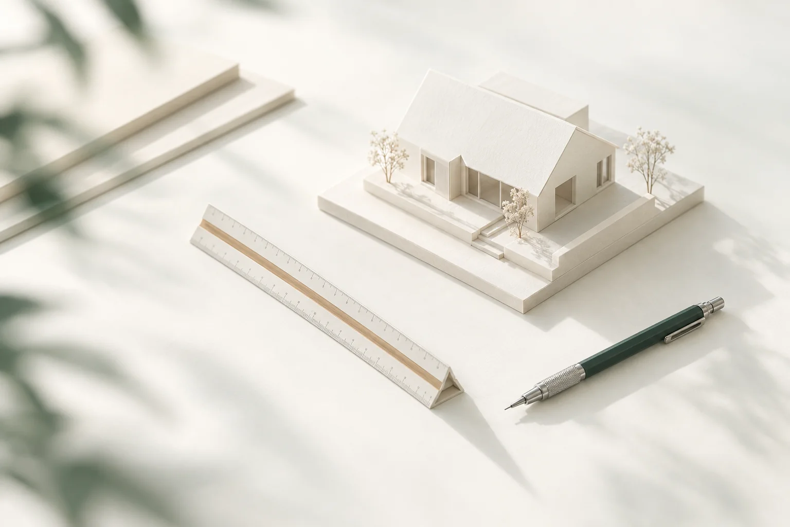 Illustration: dreikantiger Maßstab auf einem hellen Zeichentisch neben einem weißen Kartonmodell eines Hauses und einem Druckbleistift