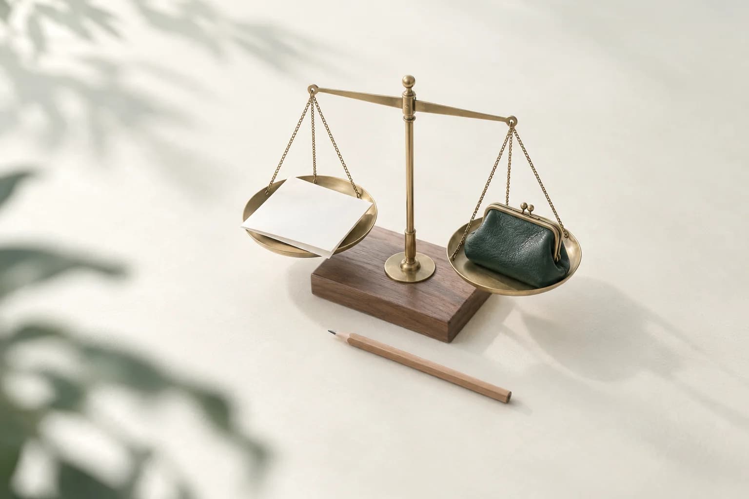 Illustration: kleine Messingwaage mit einem gefalteten Blatt Papier auf der einen und einer geschlossenen Geldbörse auf der anderen Schale