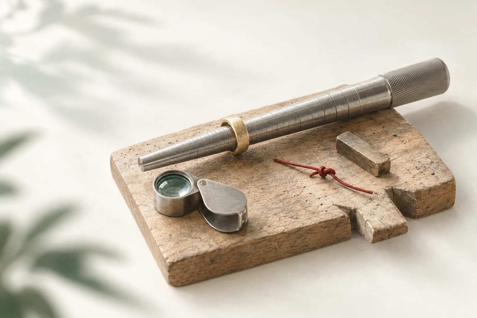 Illustration: Ringriegel mit einem schlichten Goldring, daneben eine Juwelierlupe, ein Metallklötzchen und ein verknoteter roter Faden auf einem Holzbrett