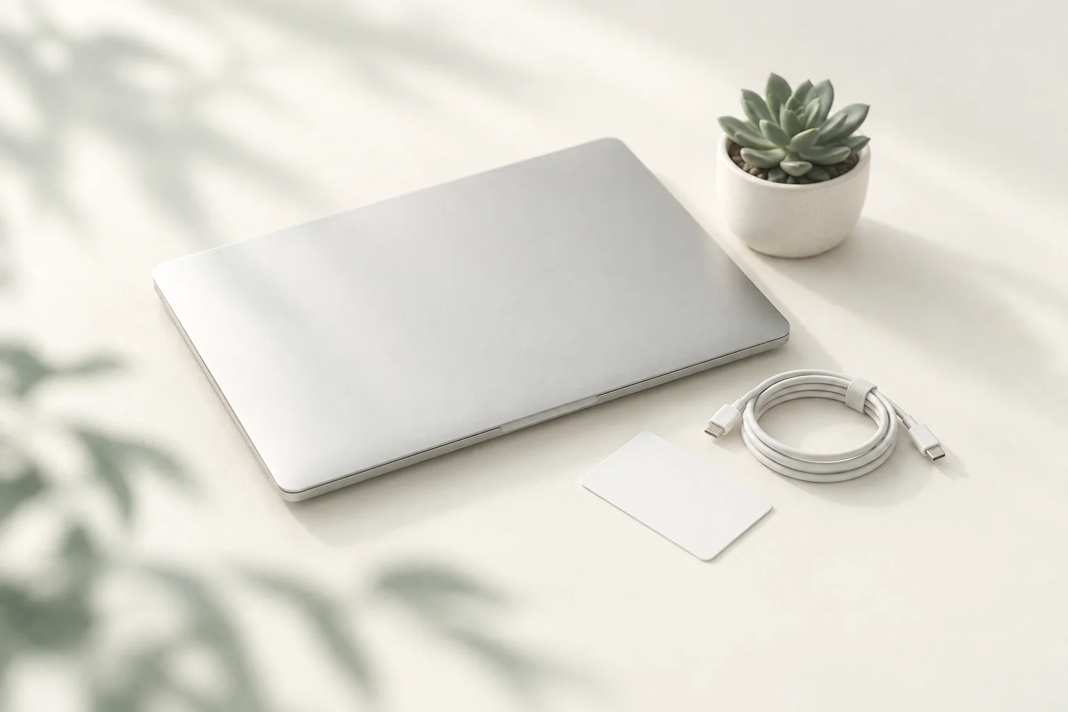 Illustration: zugeklappter Laptop auf einem hellen Tisch, daneben ein aufgerolltes Kabel, eine leere weiße Karte und eine kleine Sukkulente
