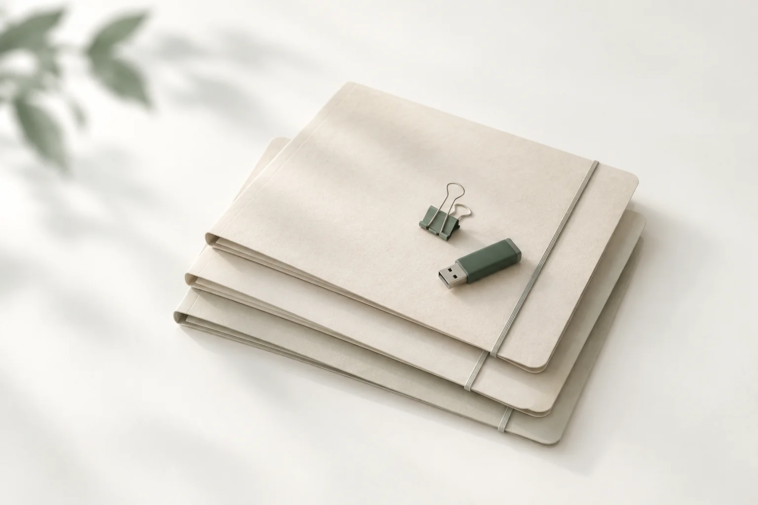 Illustration: drei schlichte Aktenmappen aus Karton mit Gummibändern, leicht versetzt gestapelt, obenauf eine Klammer und ein USB-Stick