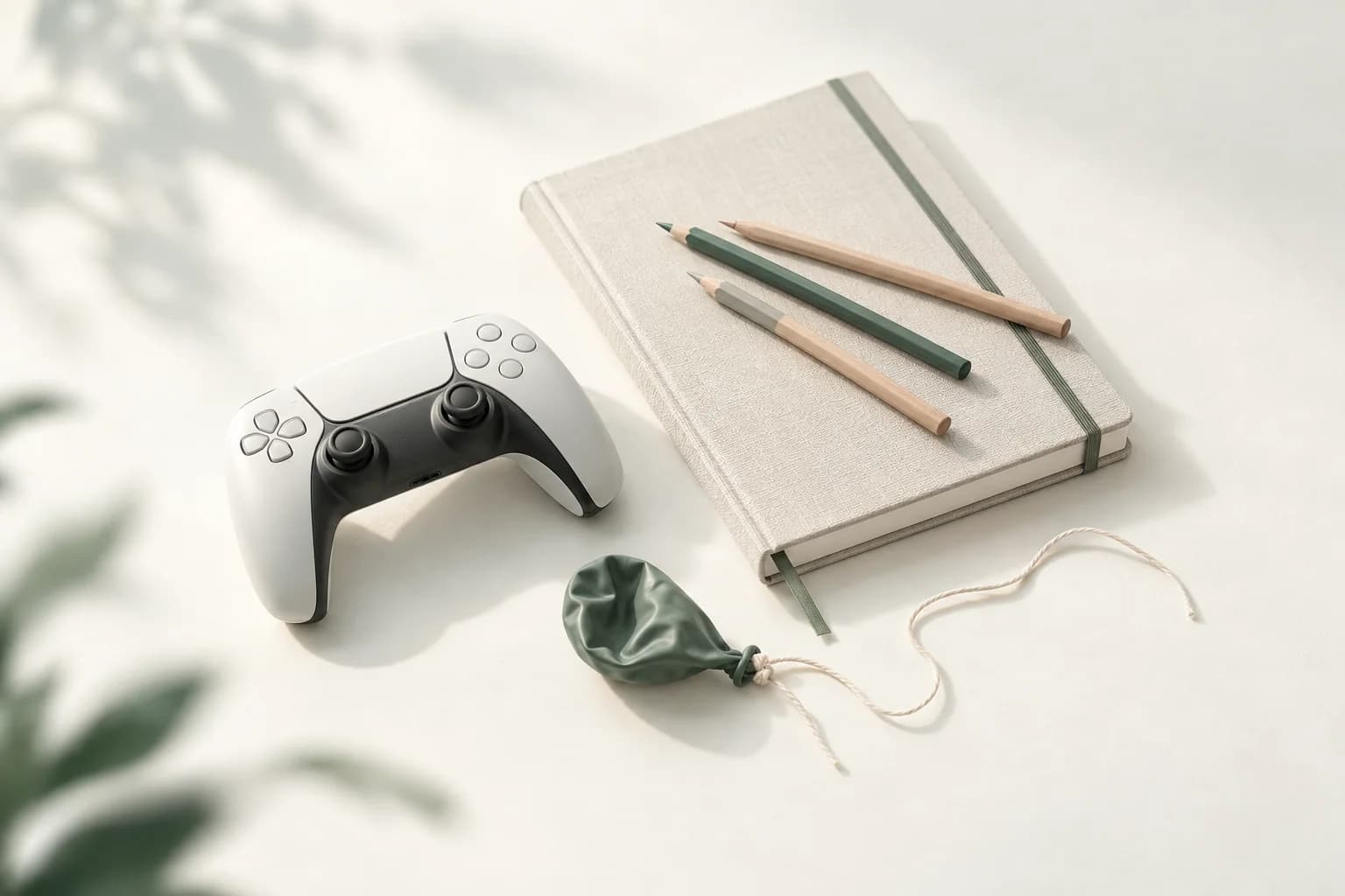 Illustration: Gamepad neben einem geschlossenen Skizzenbuch mit Buntstiften und einem kleinen, halb geschrumpften Luftballon an einer Schnur