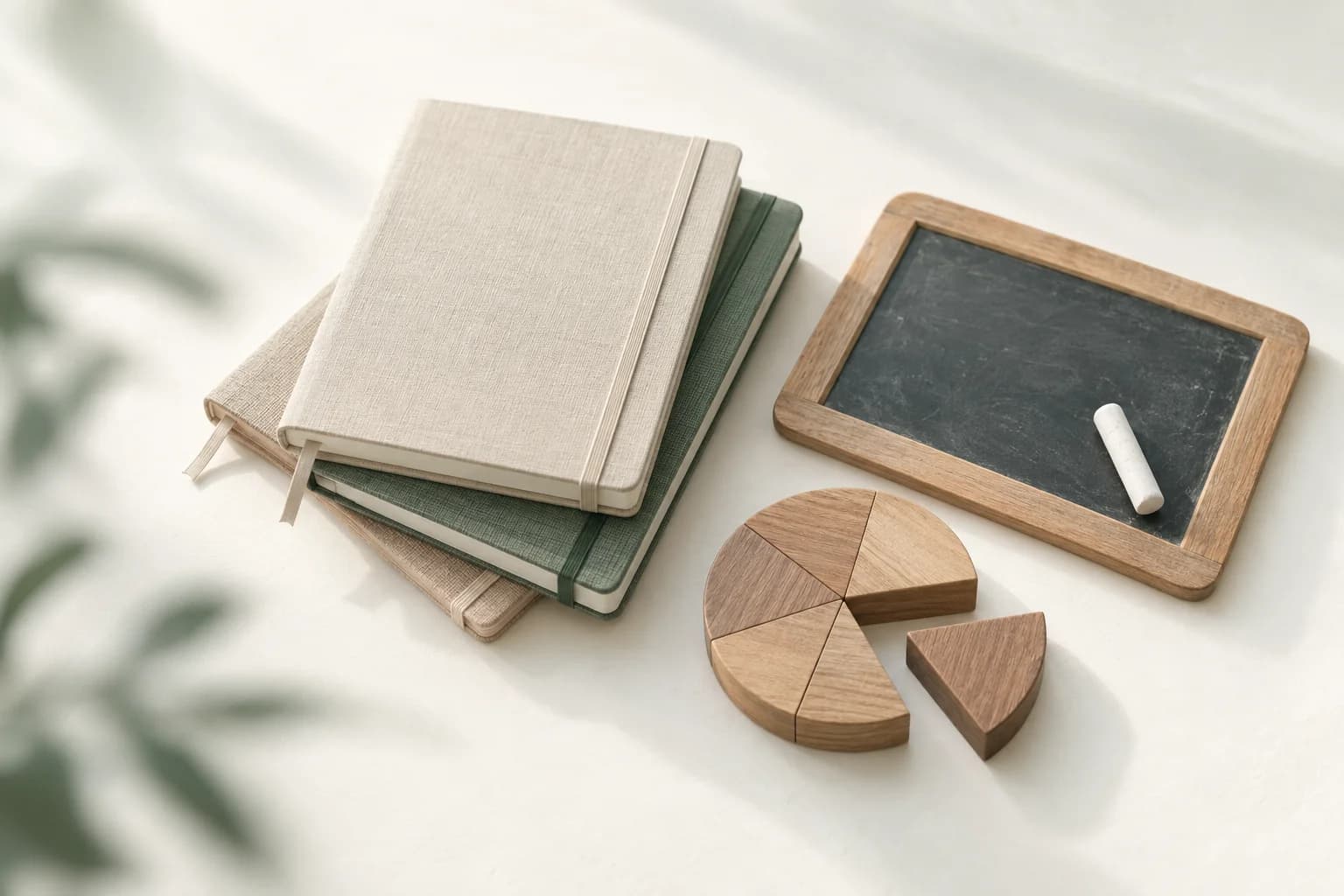 Illustration: drei verschiedenfarbige Notizbücher, eine kleine Schiefertafel mit Kreide und eine runde Holzscheibe, aus der ein Stück herausgeschoben ist