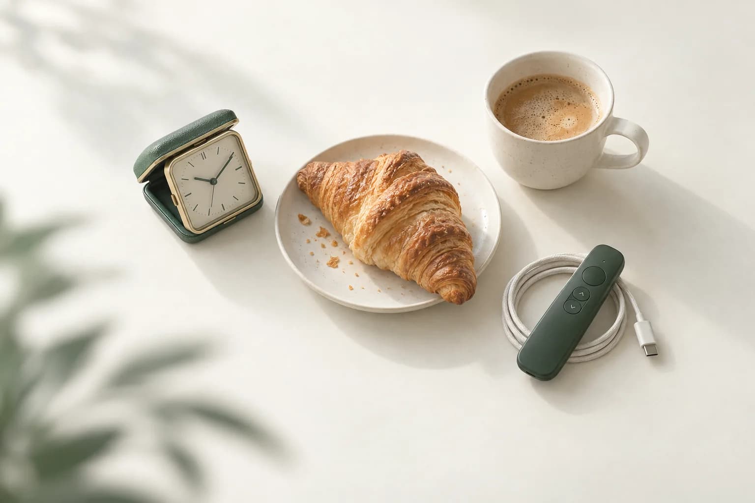Illustration: kleiner Reisewecker neben Croissant und Kaffeetasse, daneben ein Präsentations-Clicker auf einem aufgerollten Ladekabel