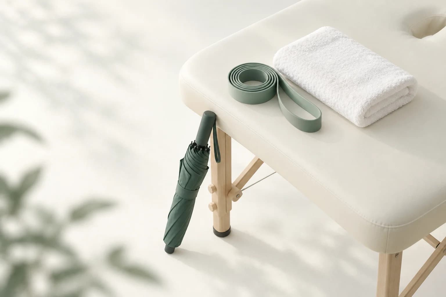 Illustration: Ecke einer Therapieliege mit gefaltetem Handtuch, ein aufgerolltes Therapieband und ein geschlossener Schirm am Liegenbein