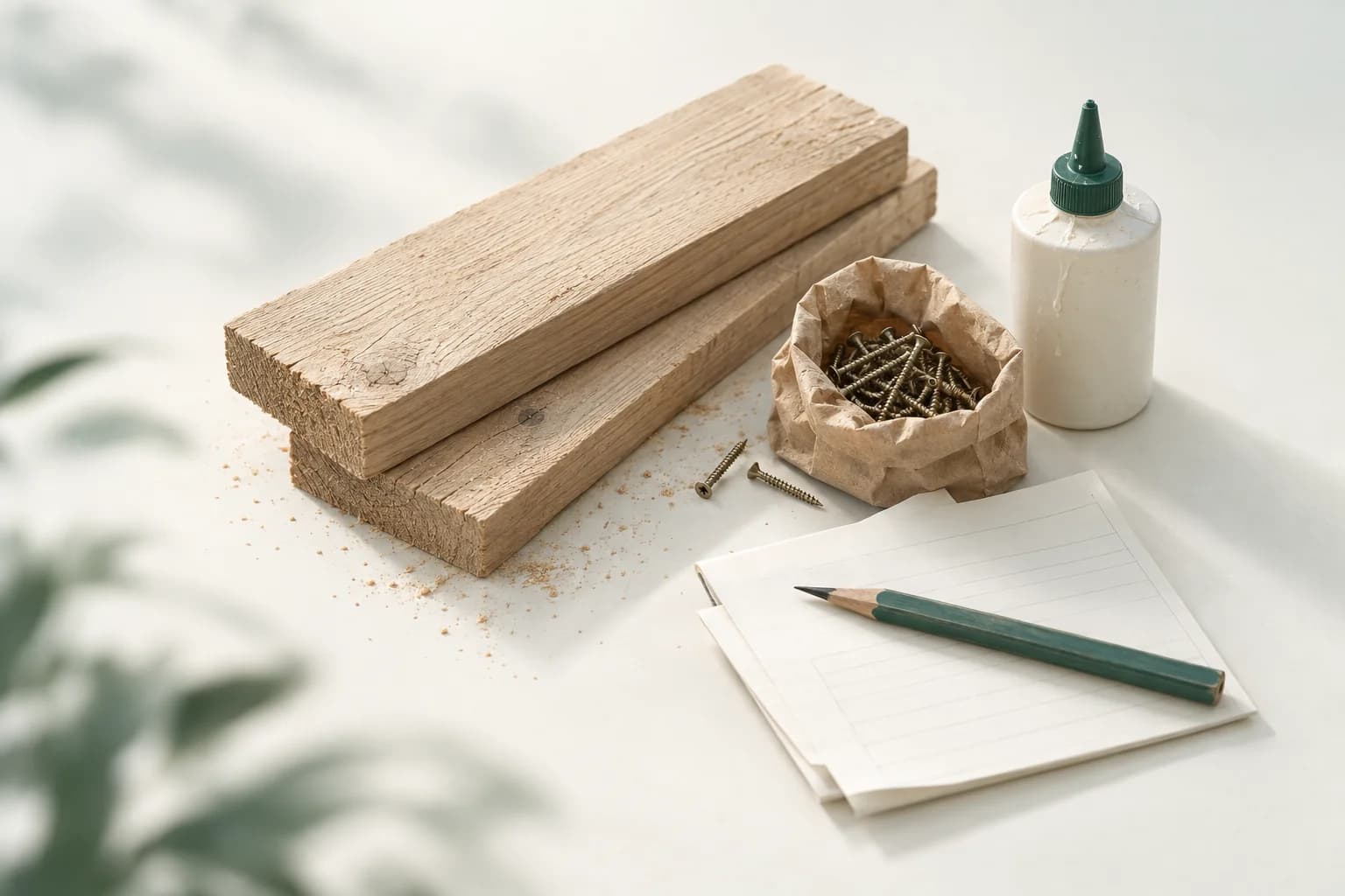 Illustration: zwei grobe Holzbohlen mit Sägemehl, daneben eine Papiertüte mit Schrauben, eine Flasche Holzleim und ein Bleistift auf linierten Zetteln
