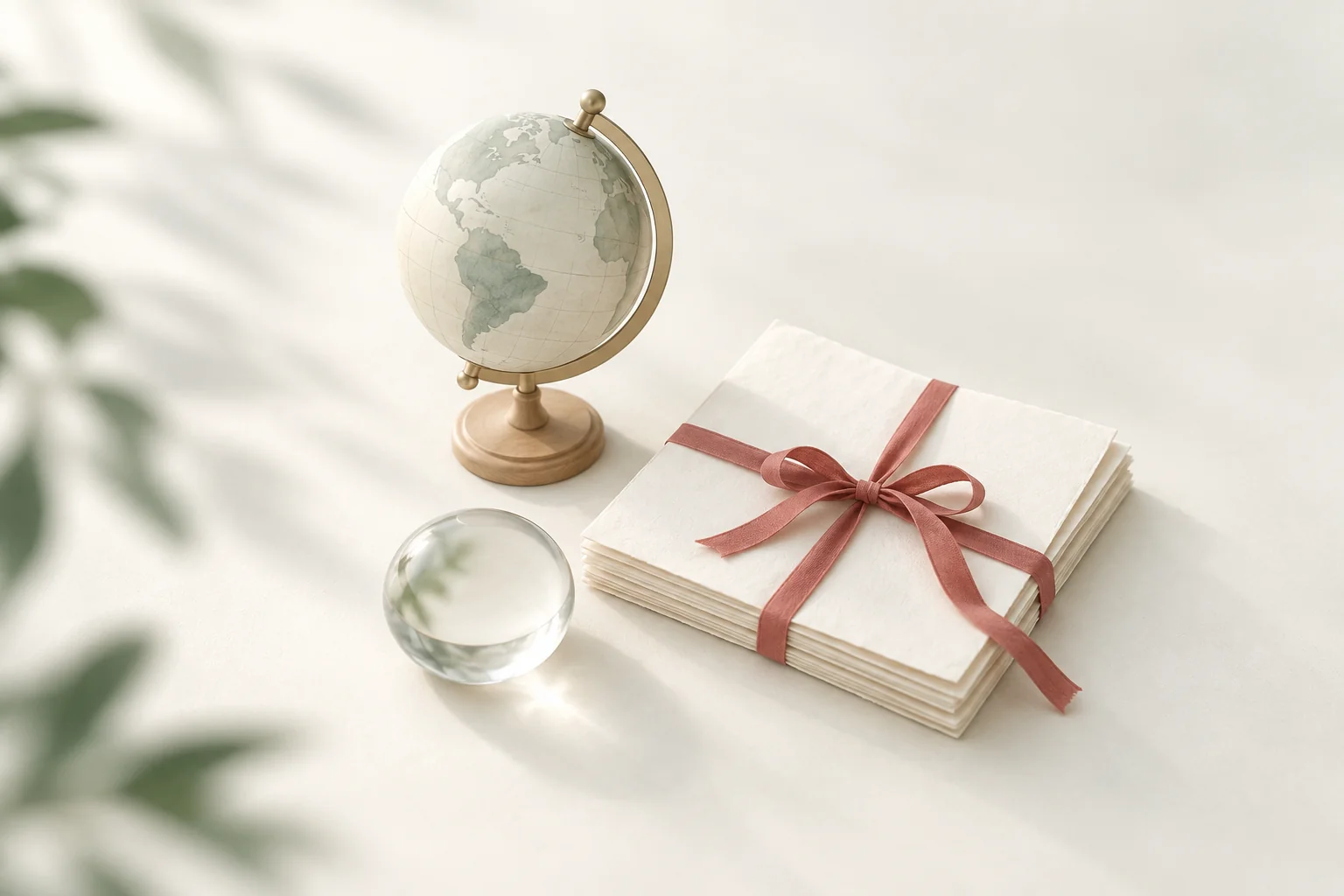 Illustration: kleiner Schreibtischglobus, daneben eine Glaskugel und ein Stapel leerer Blätter, mit rötlichem Band und Schleife verschnürt
